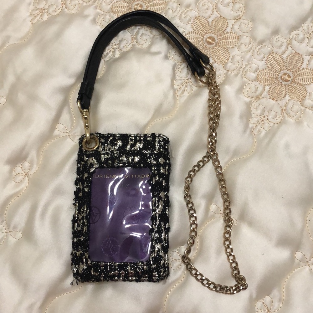 Black & Gold boucle tweed  fabric Cardholder with Gold tone chain Lanyard